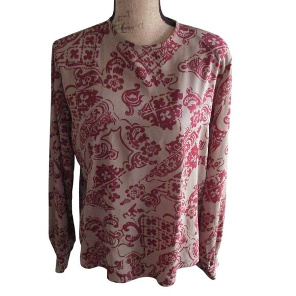 Vintage 80s 90s New Editions Taupe Maroon Abstract Blouse Size L Long Sleeve - Picture 1 of 15